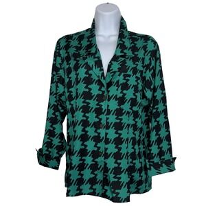 Vintage PIERRE CARDIN BOUTIQUE Green Black Houndstooth Blouse Shirt Women's Sz 8